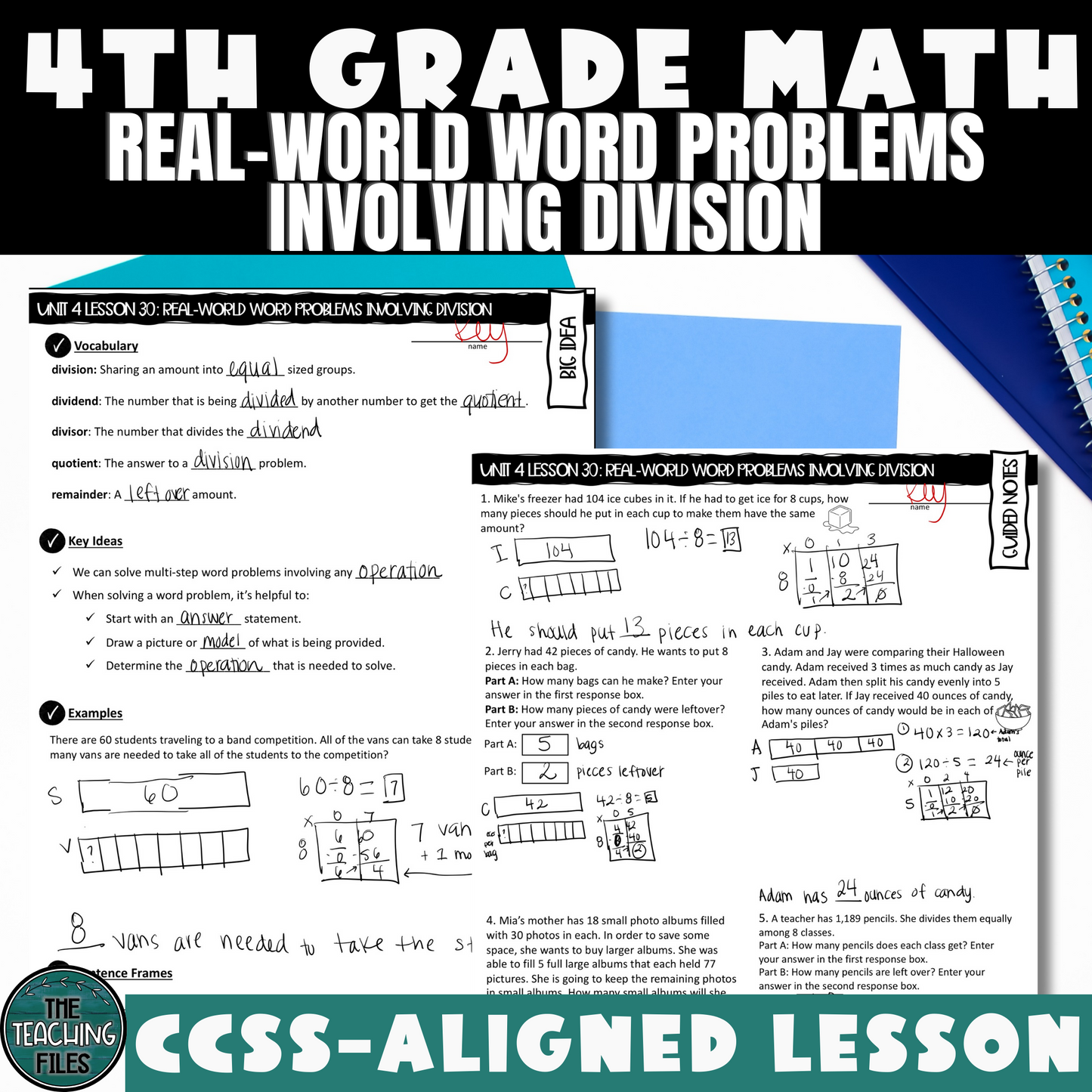 Division Word Problems 4th Grade Math Guided Notes Lesson CCSS-Aligned