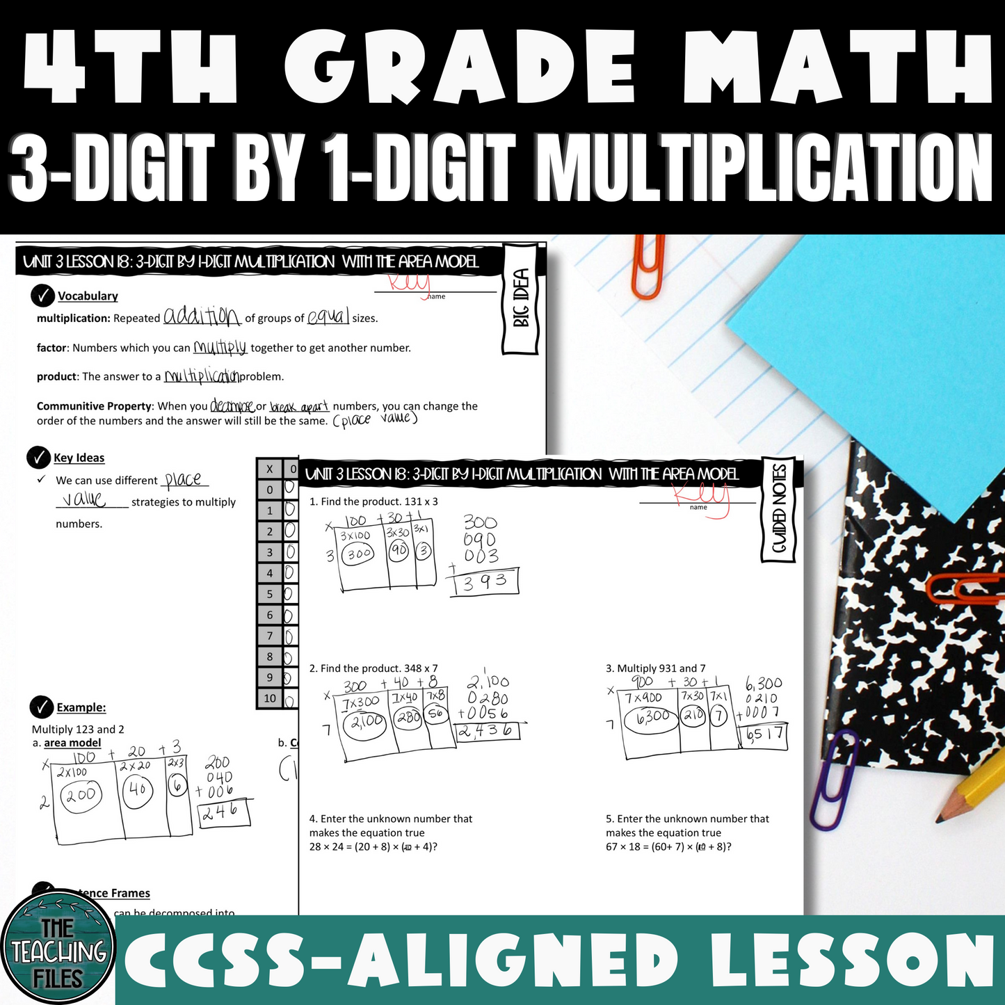 3-Digit by 1-Digit Multiplication 4th Grade Math Guided Notes Lesson CCSS-Aligned