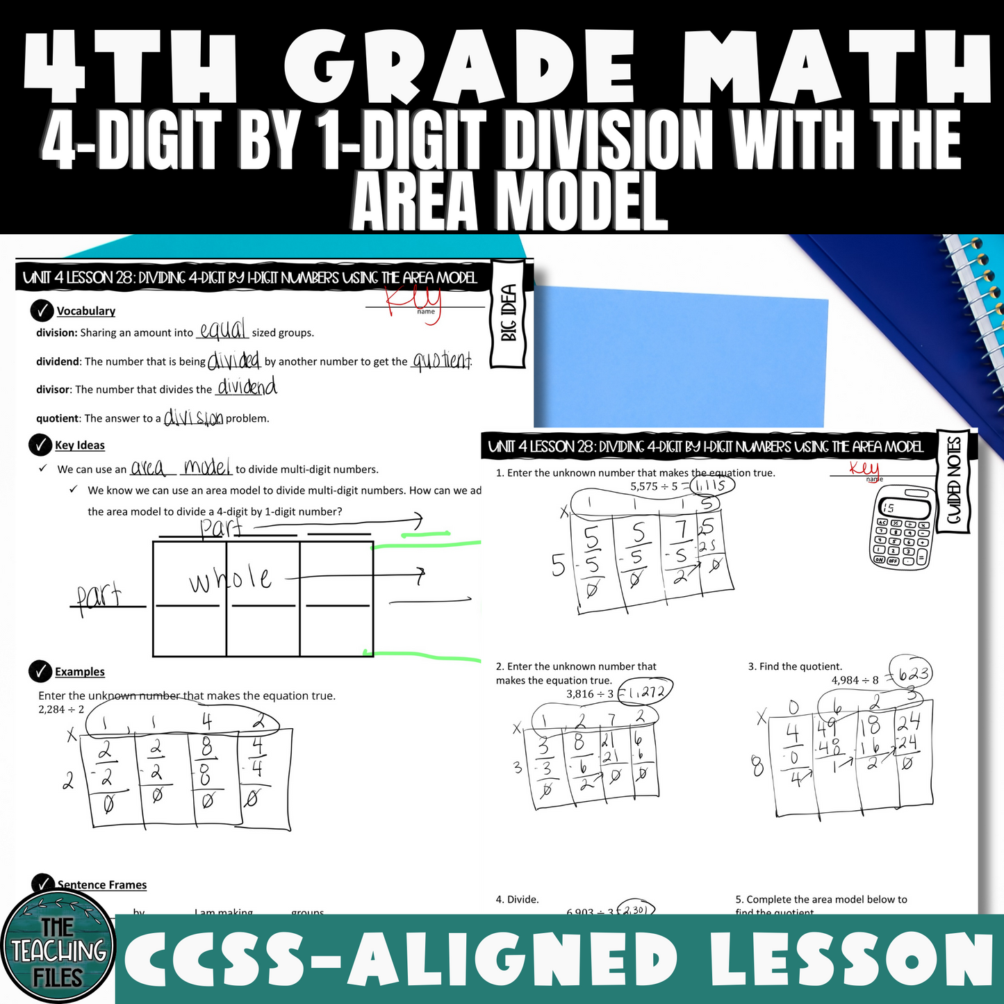 4-Digit by 1-Digit Division Using Area Models 4th Grade Math Guided Notes Lesson CCSS-Aligned