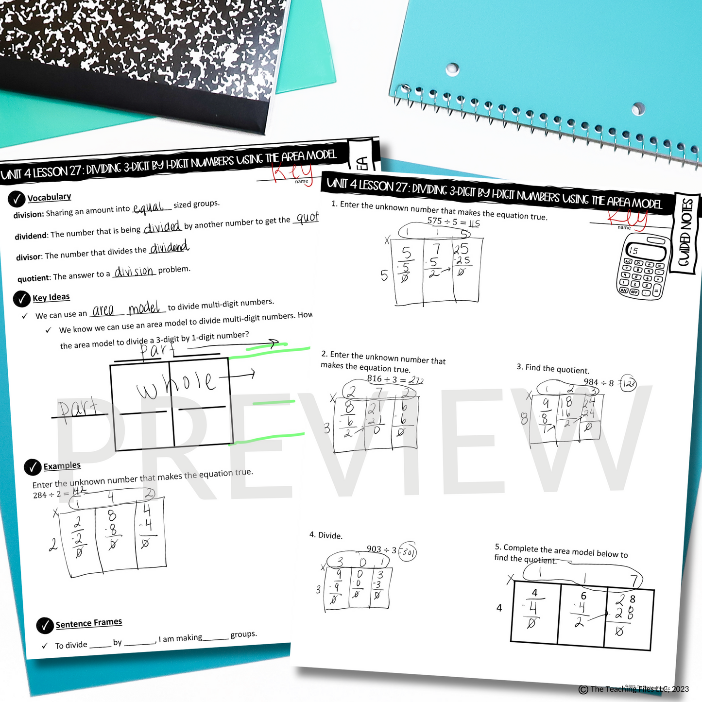 3-Digit by 1-Digit Division Using Area Models 4th Grade Math Guided Notes Lesson CCSS-Aligned