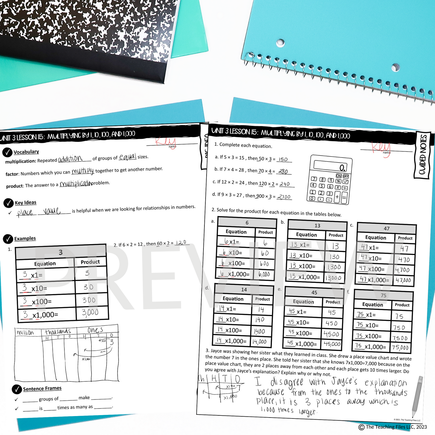 Multiplying By 1 10 100 and 1000 Guided Notes Lesson 4th Grade Math CCSS-Aligned