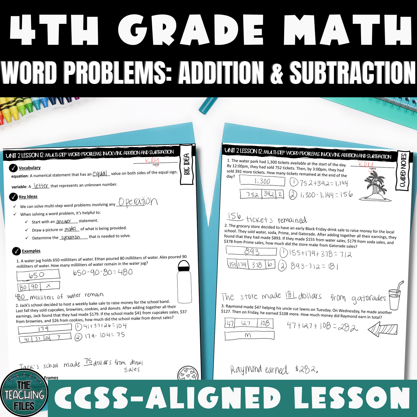 Adding and Subtracting Multi-Step Word Problems 4th Grade Math Guided Notes Lesson CCSS-Aligned