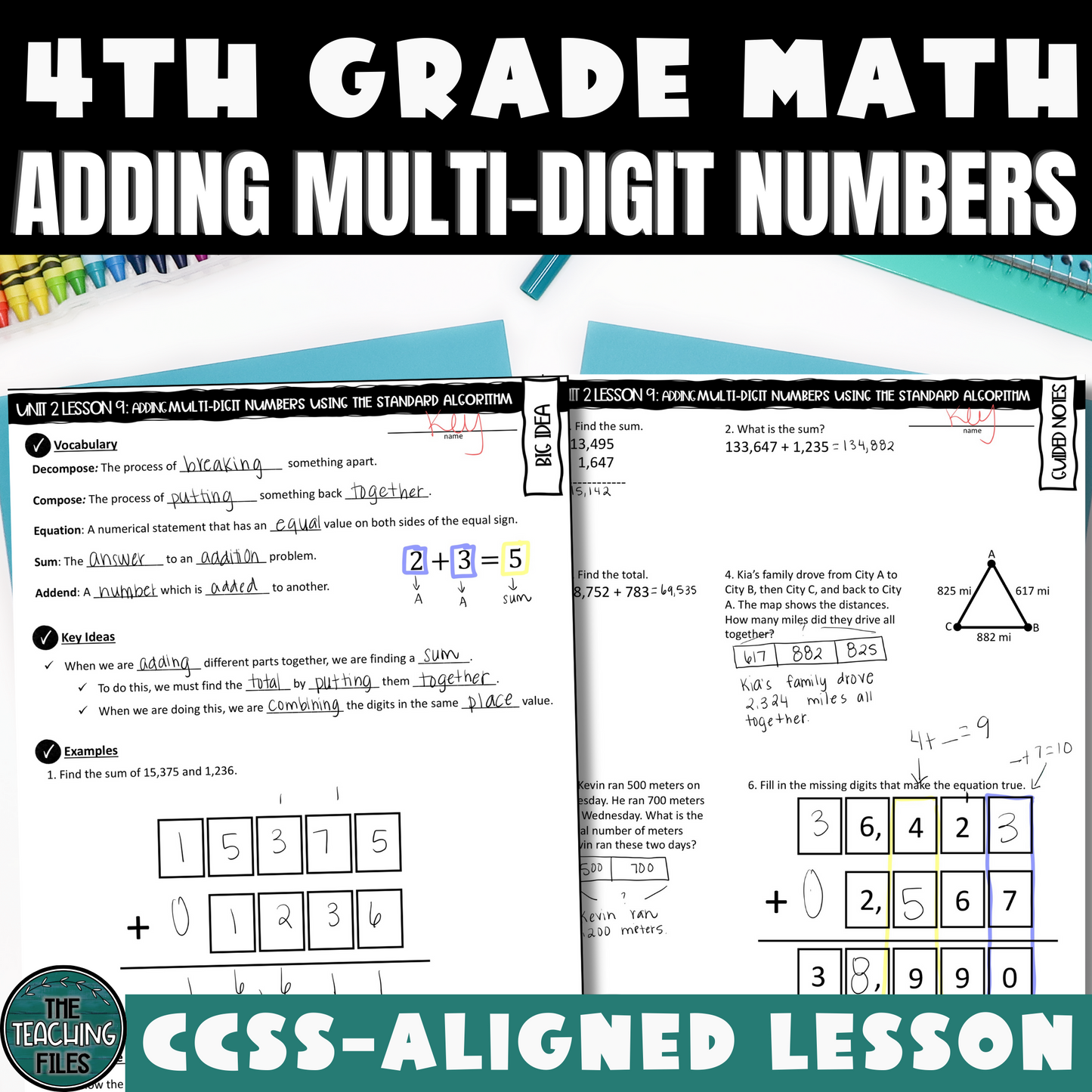 Adding Multi-Digit Numbers Word Problems 4th Grade Math Guided Notes Lesson CCSS-Aligned