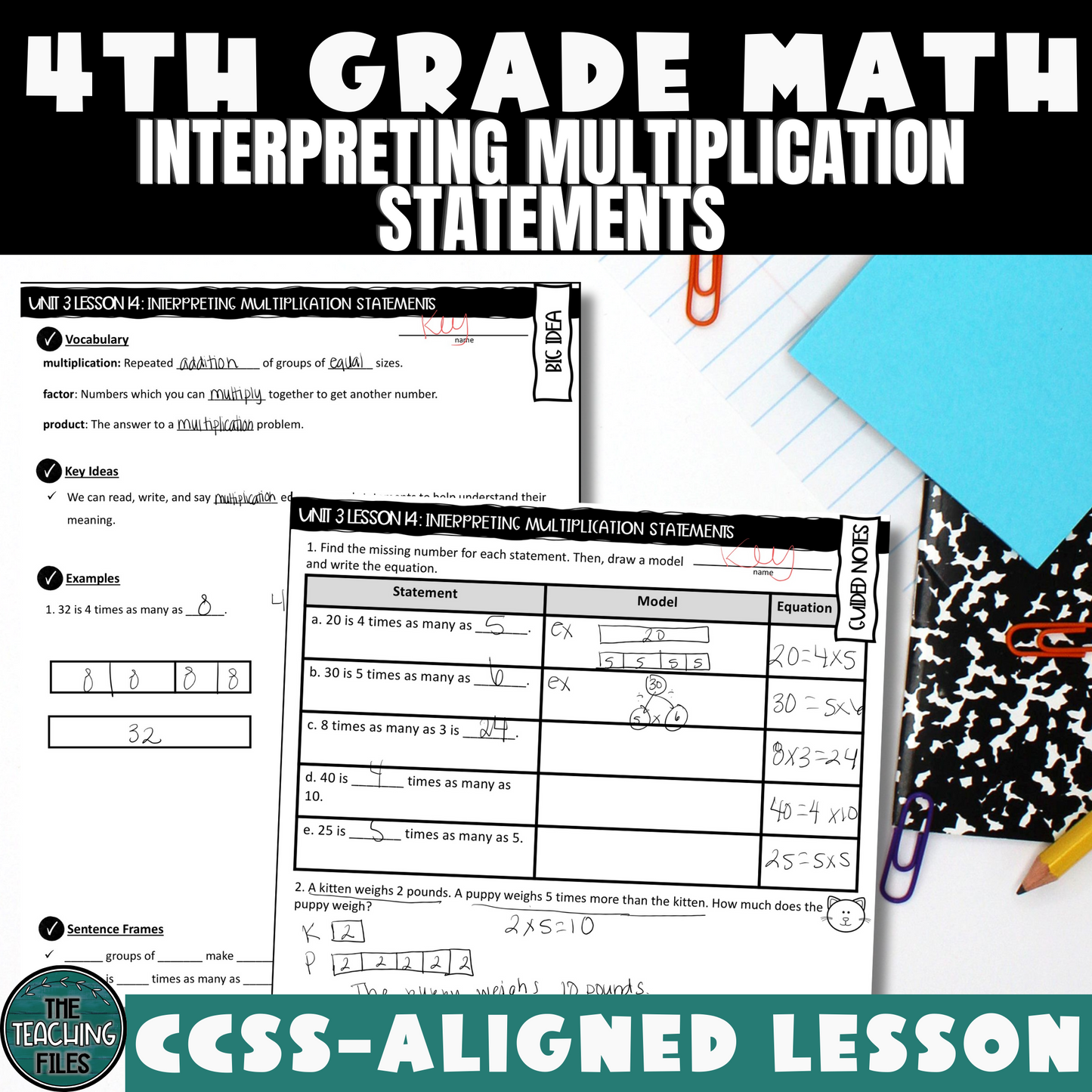 Interpreting Multiplication Statements 4th Grade Math Guided Notes Lesson CCSS-Aligned