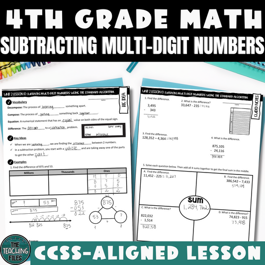 Subtracting Multi-Digit Numbers Guided Notes Lesson 4th Grade Math CCSS-Aligned