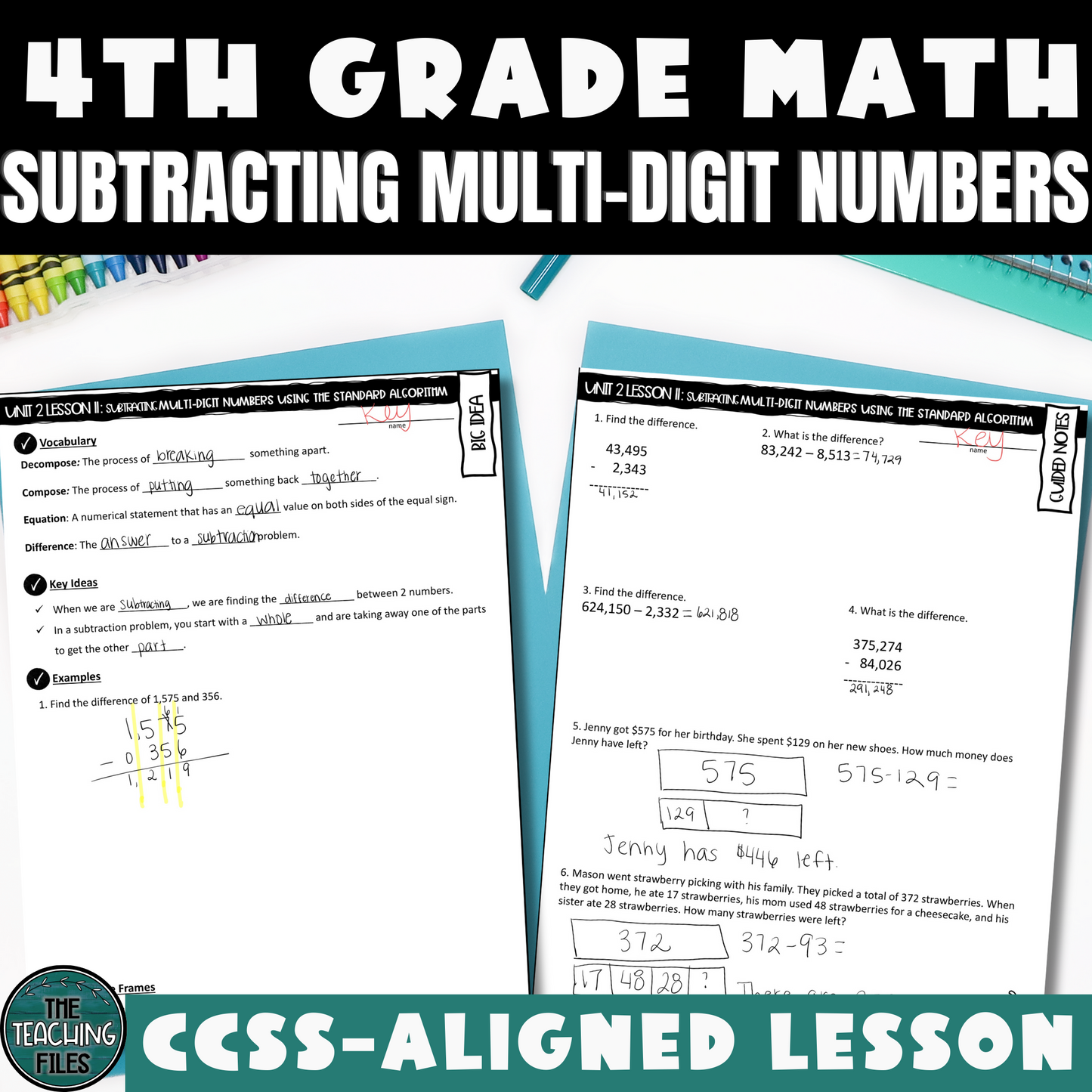 Subtracting Multi-Digit Numbers 4th Grade Math Guided Notes Lesson CCSS-Aligned