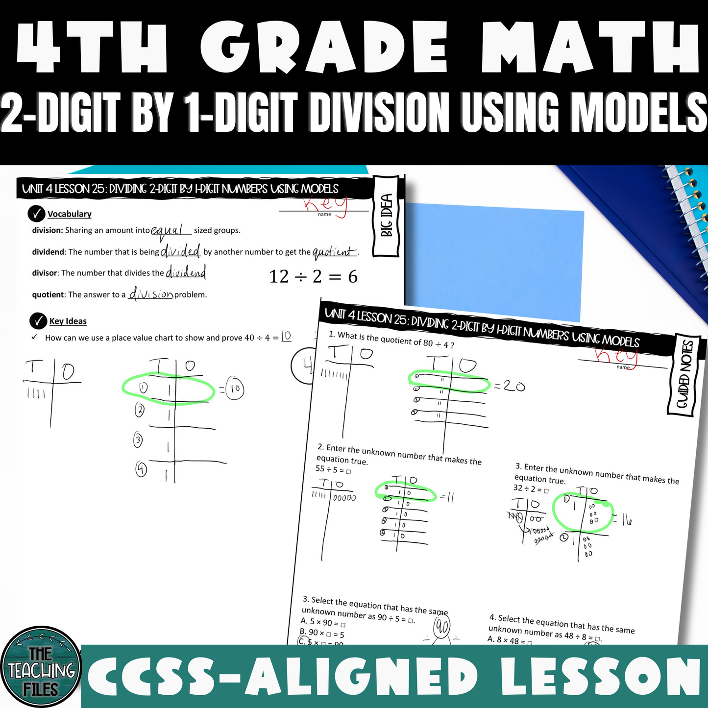 Modeling 2-Digit by 1-Digit Division Guided Notes Lesson 4th Grade Math CCSS-Aligned