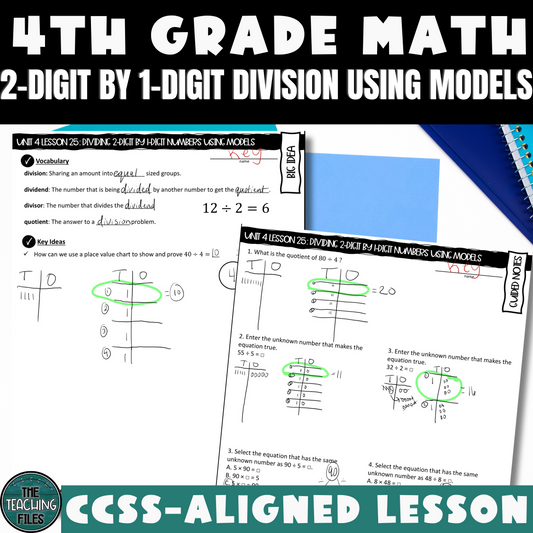 Modeling 2-Digit by 1-Digit Division Guided Notes Lesson 4th Grade Math CCSS-Aligned