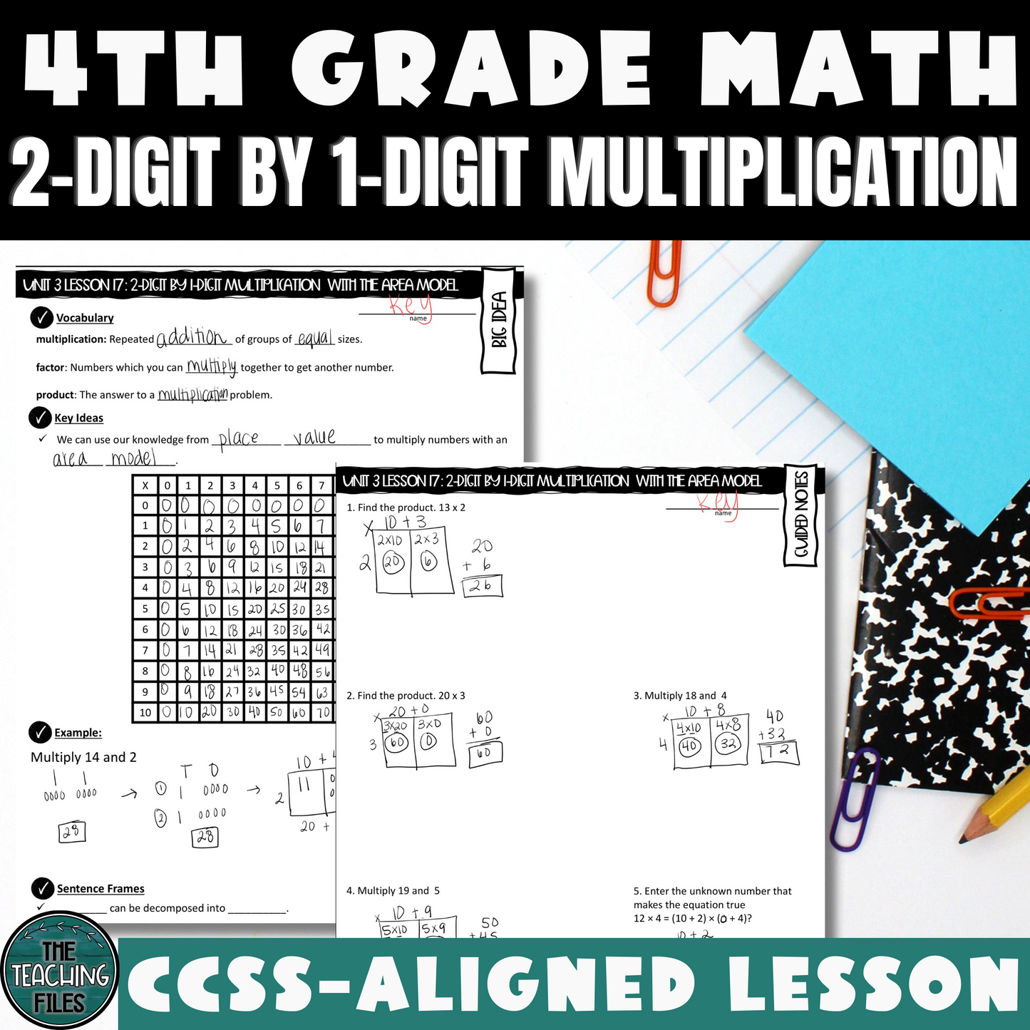 2-Digit by 1-Digit Multiplication Guided Notes Lesson 4th Grade Math CCSS-Aligned