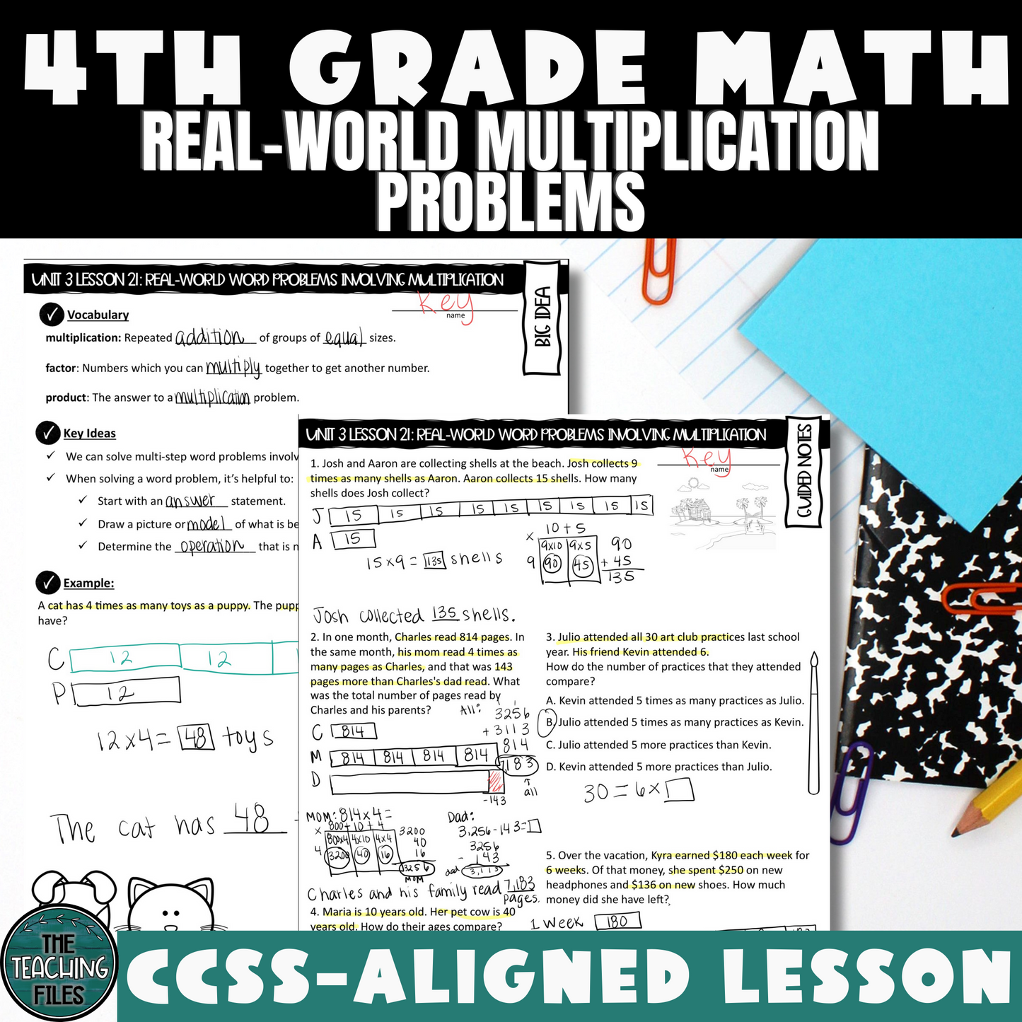 Real-World Multiplication Word Problems Guided Notes Lesson 4th Grade Math CCSS-Aligned