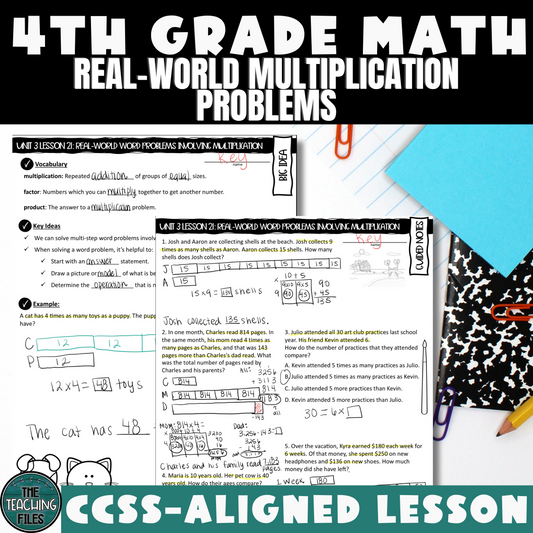 Real-World Multiplication Word Problems Guided Notes Lesson 4th Grade Math CCSS-Aligned