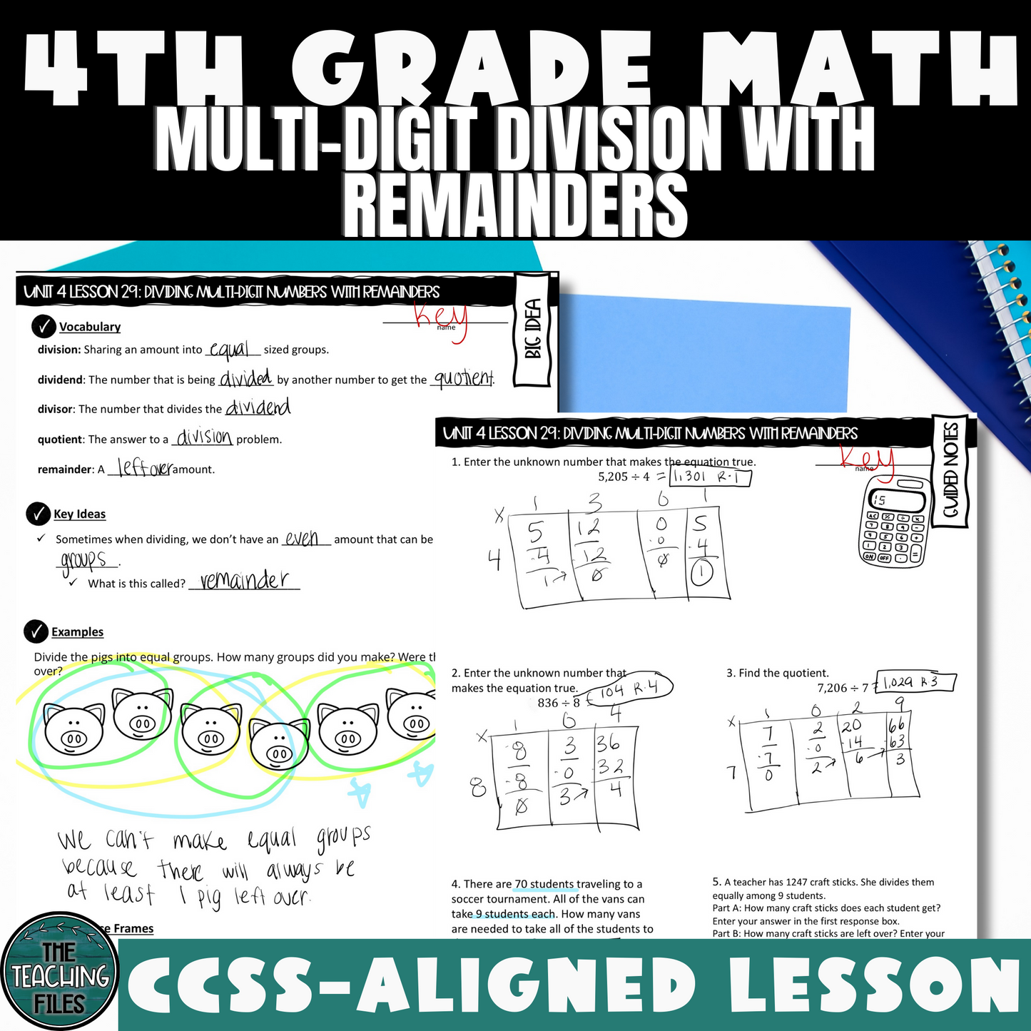 Multi-Digit Division with Remainders Guided Notes Lesson 4th Grade Math CCSS-Aligned