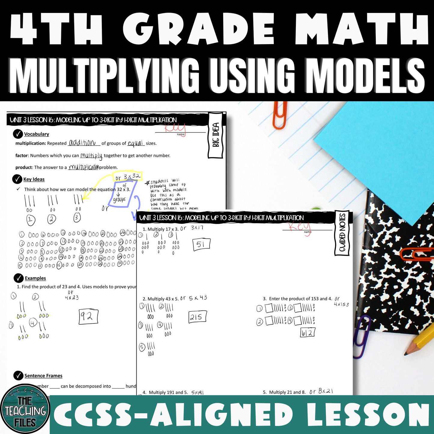 Multiplying Using Models Guided Notes Lesson 4th Grade Math CCSS-Aligned