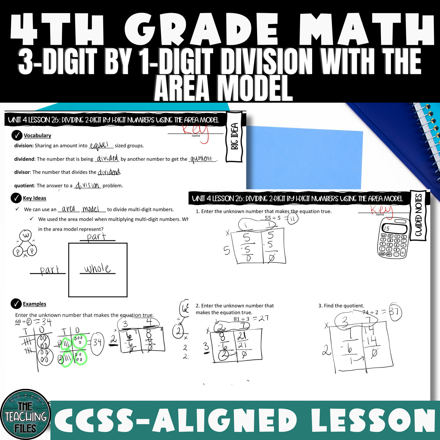 3-Digit by 1-Digit Division Using Area Models | 4th Grade Math Guided Notes Lesson | CCSS-Aligned