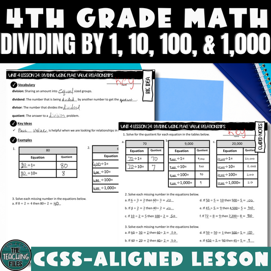 Dividing by 1, 10, 100, and 1,000 | 4th Grade Math Guided Notes Lesson | CCSS-Aligned