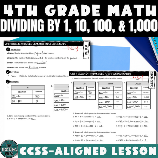 Dividing by 1 10 100 and 1000 4th Grade Math Guided Notes Lesson CCSS-Aligned