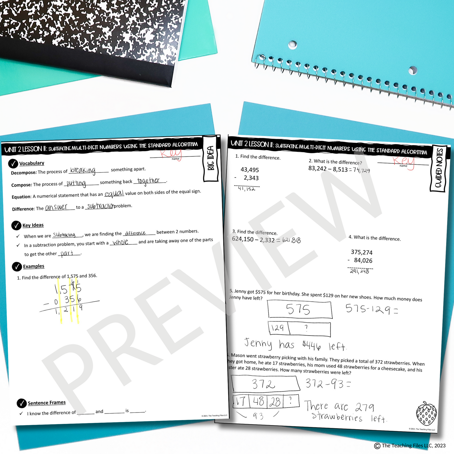 Subtracting Multi-Digit Numbers 4th Grade Math Guided Notes Lesson CCSS-Aligned