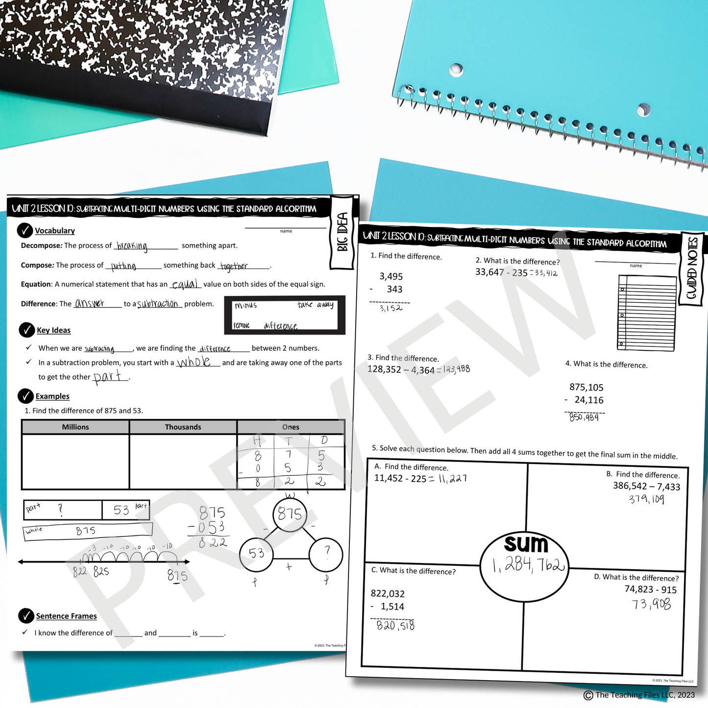 Subtracting Multi-Digit Numbers Guided Notes Lesson 4th Grade Math CCSS-Aligned