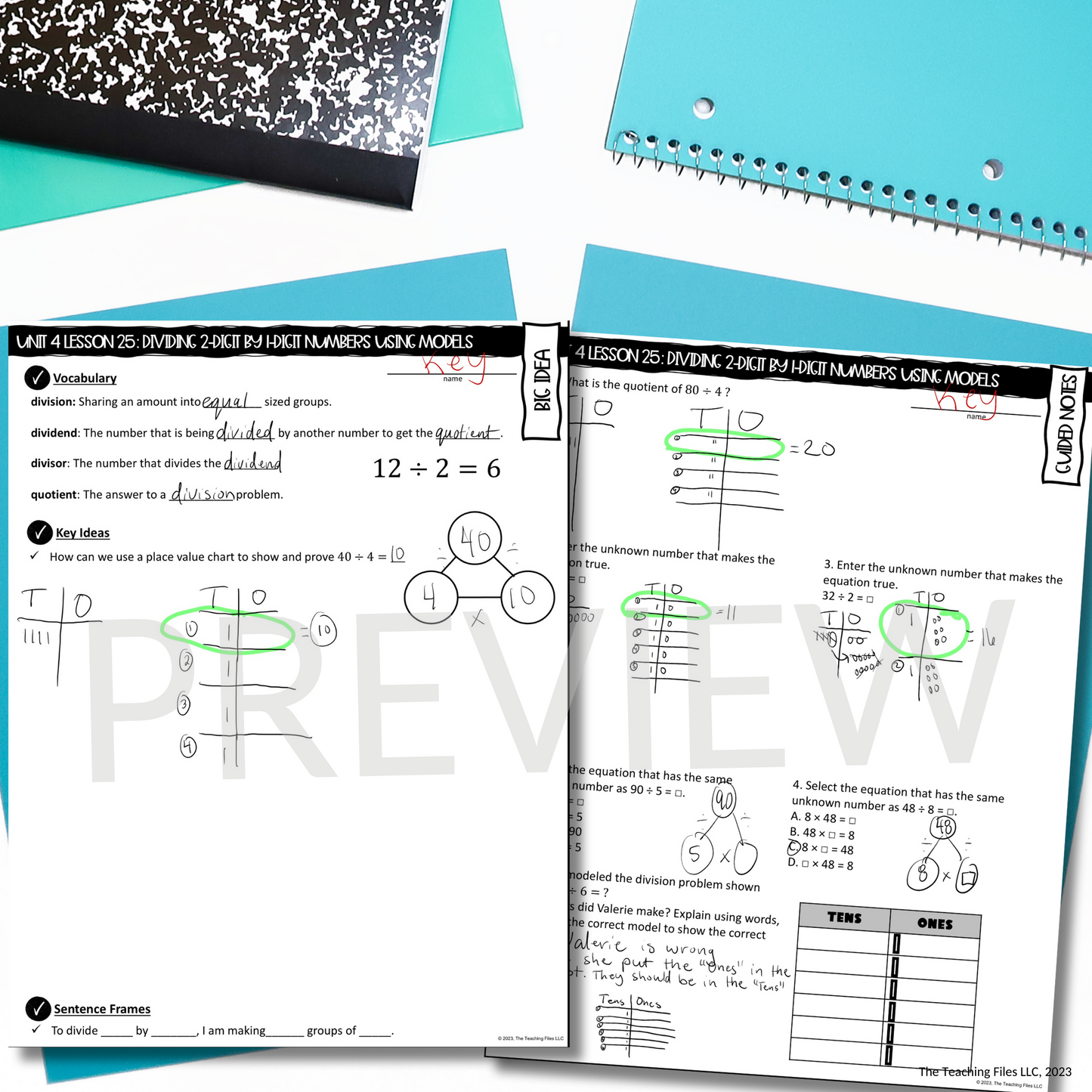 Modeling 2-Digit by 1-Digit Division Guided Notes Lesson 4th Grade Math CCSS-Aligned