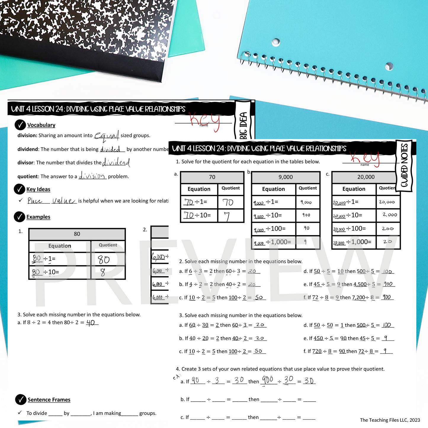 Dividing by 1 10 100 and 1000 4th Grade Math Guided Notes Lesson CCSS-Aligned