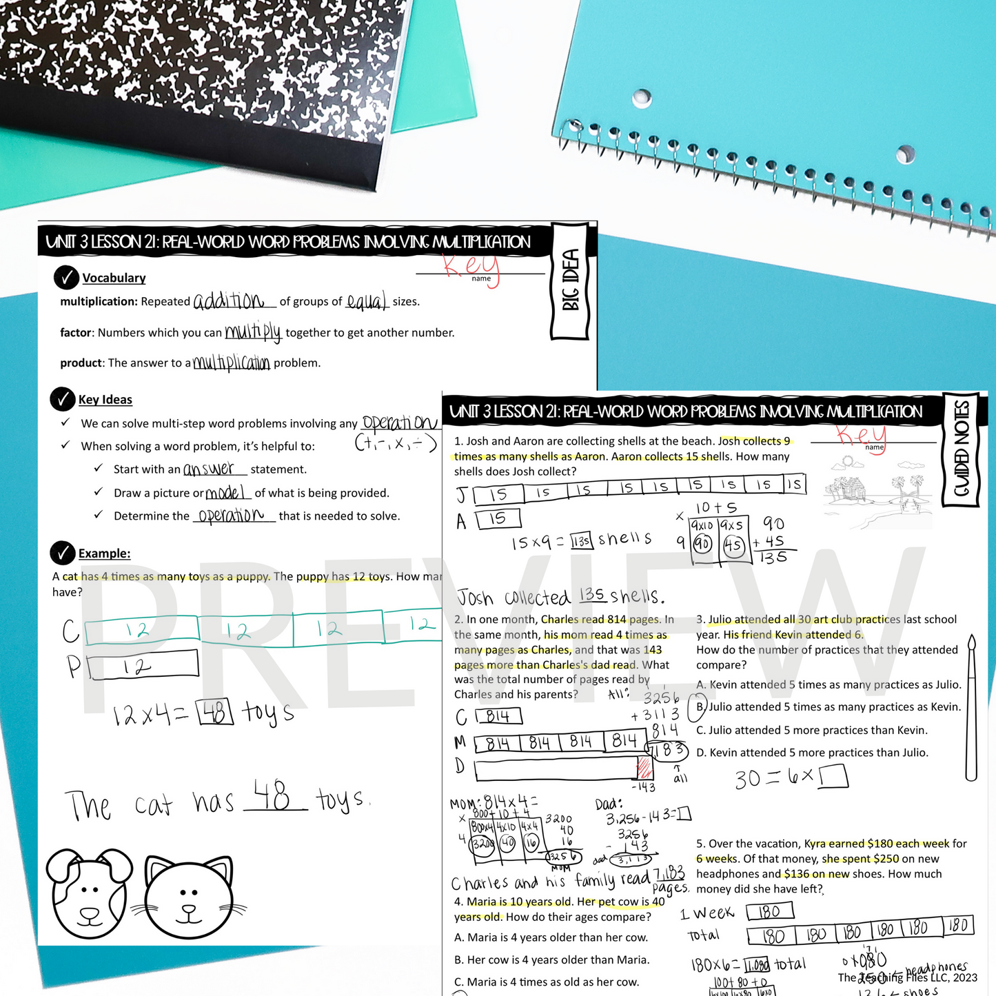 Real-World Multiplication Word Problems Guided Notes Lesson 4th Grade Math CCSS-Aligned