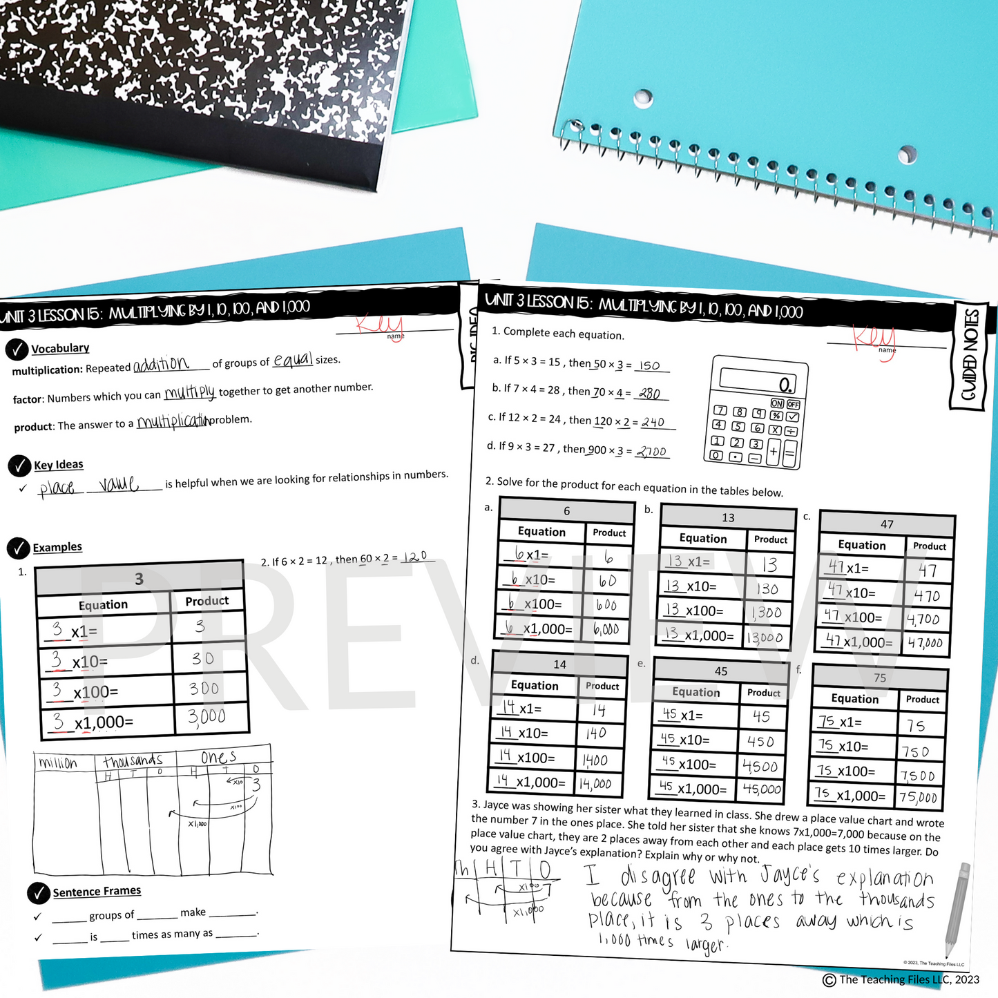 Multiplying By 1 10 100 and 1000 Guided Notes Lesson 4th Grade Math  CCSS-Aligned