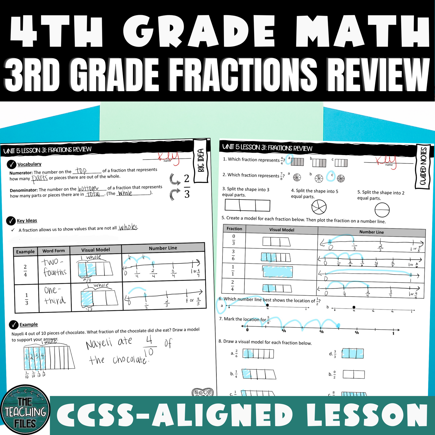 Fractions Review Guided Notes Lesson 4th Grade Math CCSS-Aligned