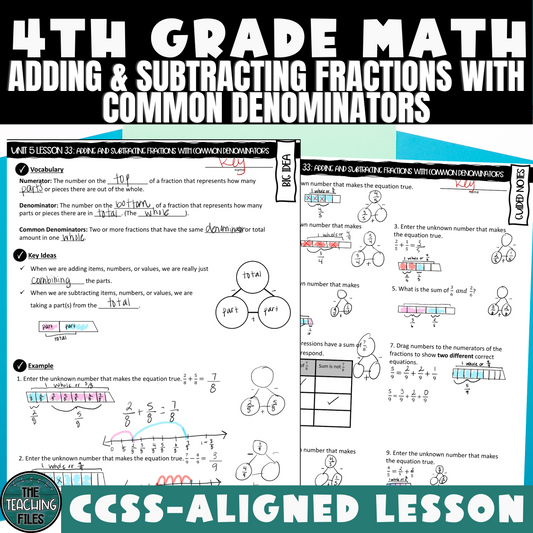 Adding and Subtracting Fractions with Common Denominators Lesson | 4th Grade Math Guided Notes Lesson | CCSS-Aligned