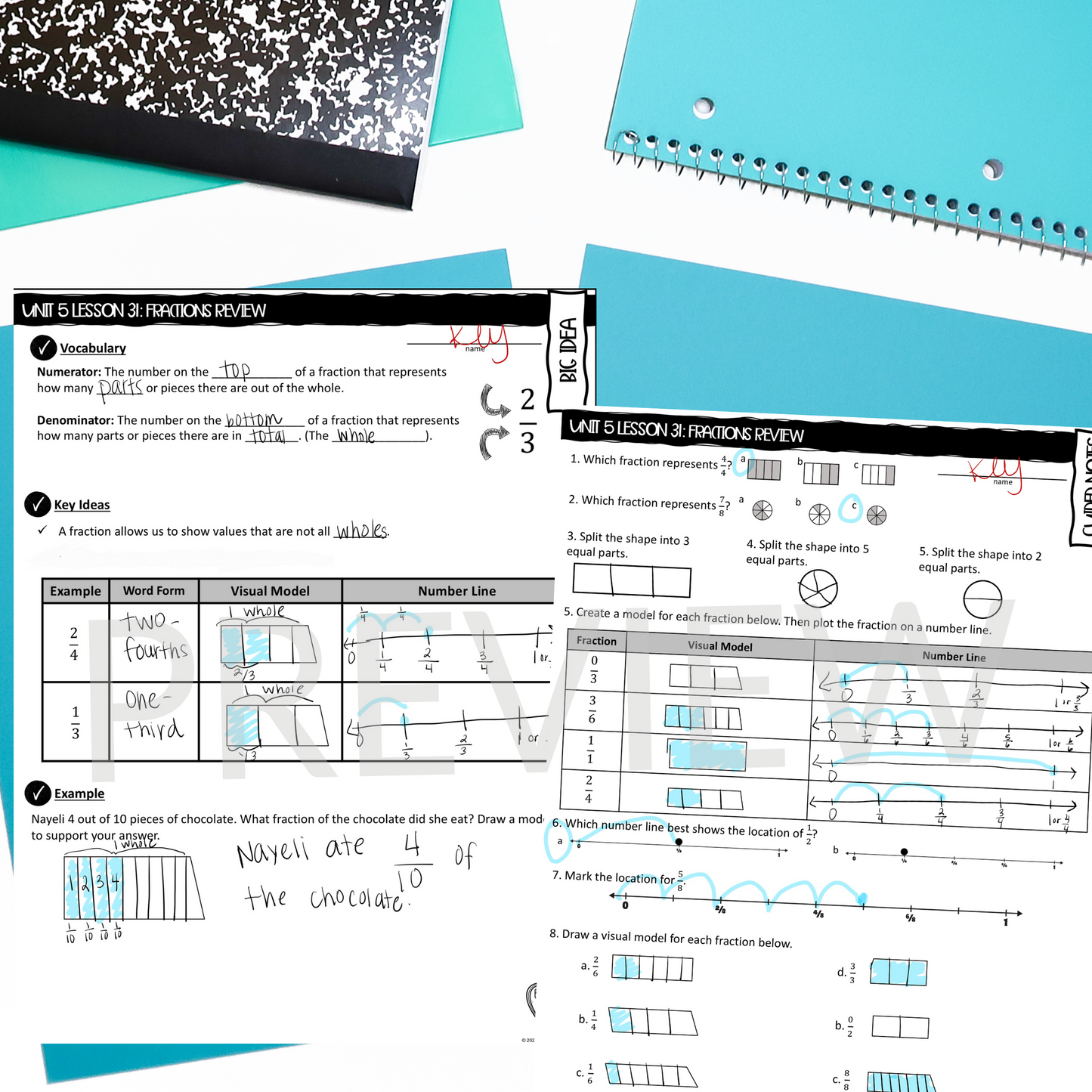 Fractions Review Guided Notes Lesson 4th Grade Math CCSS-Aligned