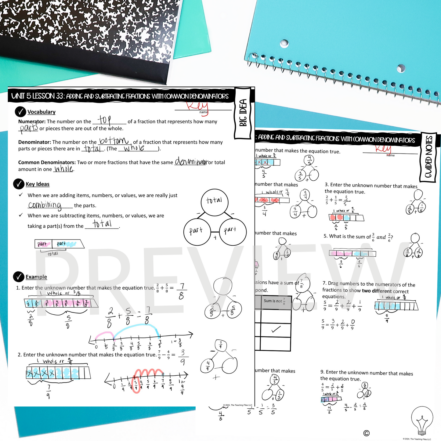 Adding and Subtracting Fractions with Common Denominators Lesson Guided Notes Lesson | CCSS-Aligned