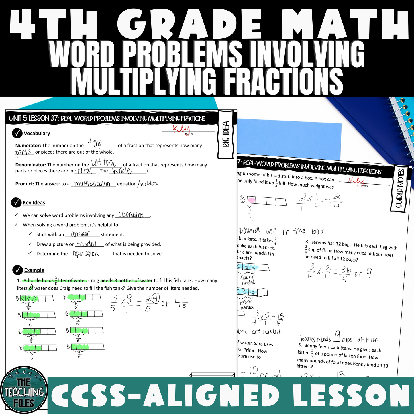 Multiplying Fractions Word Problems Guided Notes Lesson CCSS-Aligned