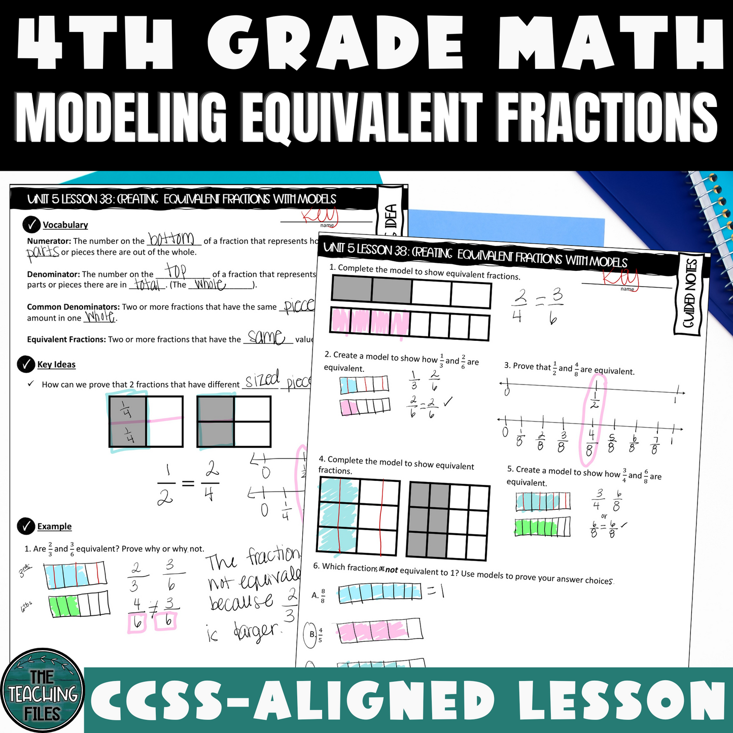 Equivalent Fractions with Models Guided Notes Lesson 4th Grade Math CCSS-Aligned