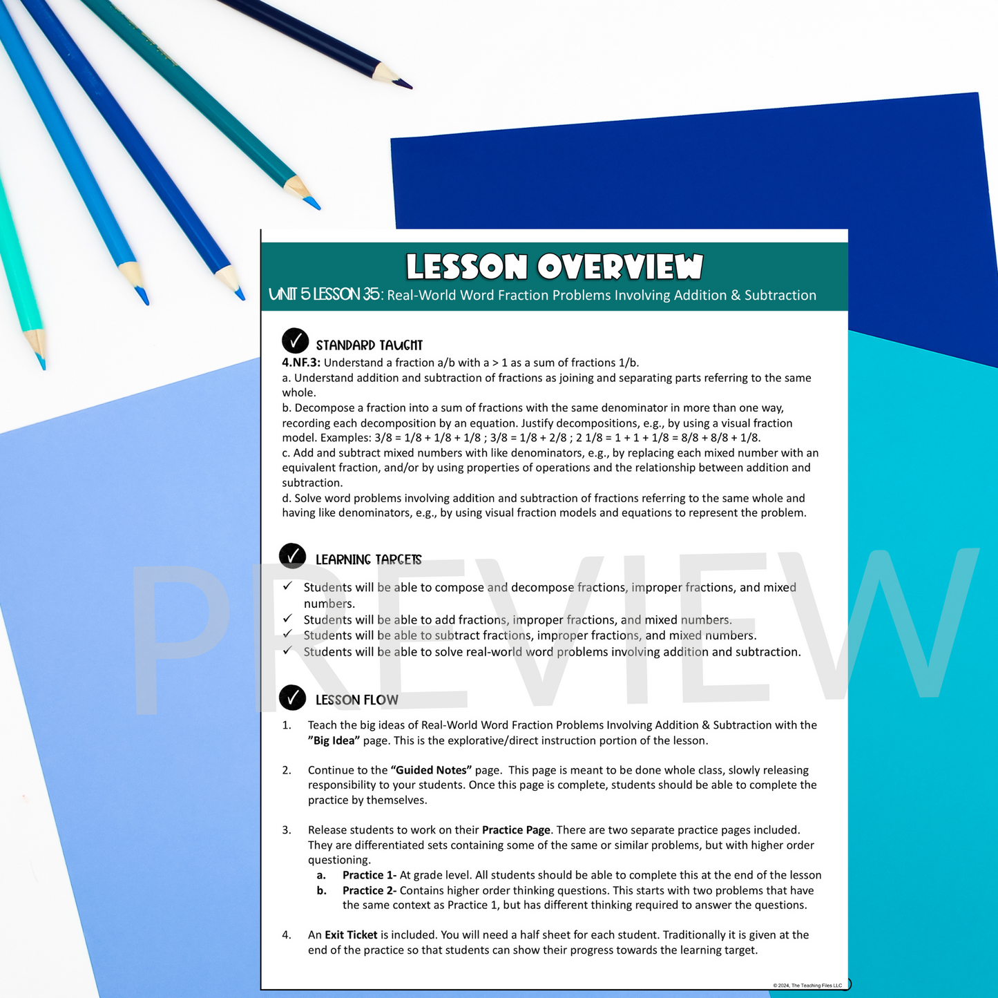 Adding and Subtracting Fractions Word Problems Math Guided Notes Lesson 4th Grade Math CCSS-Aligned