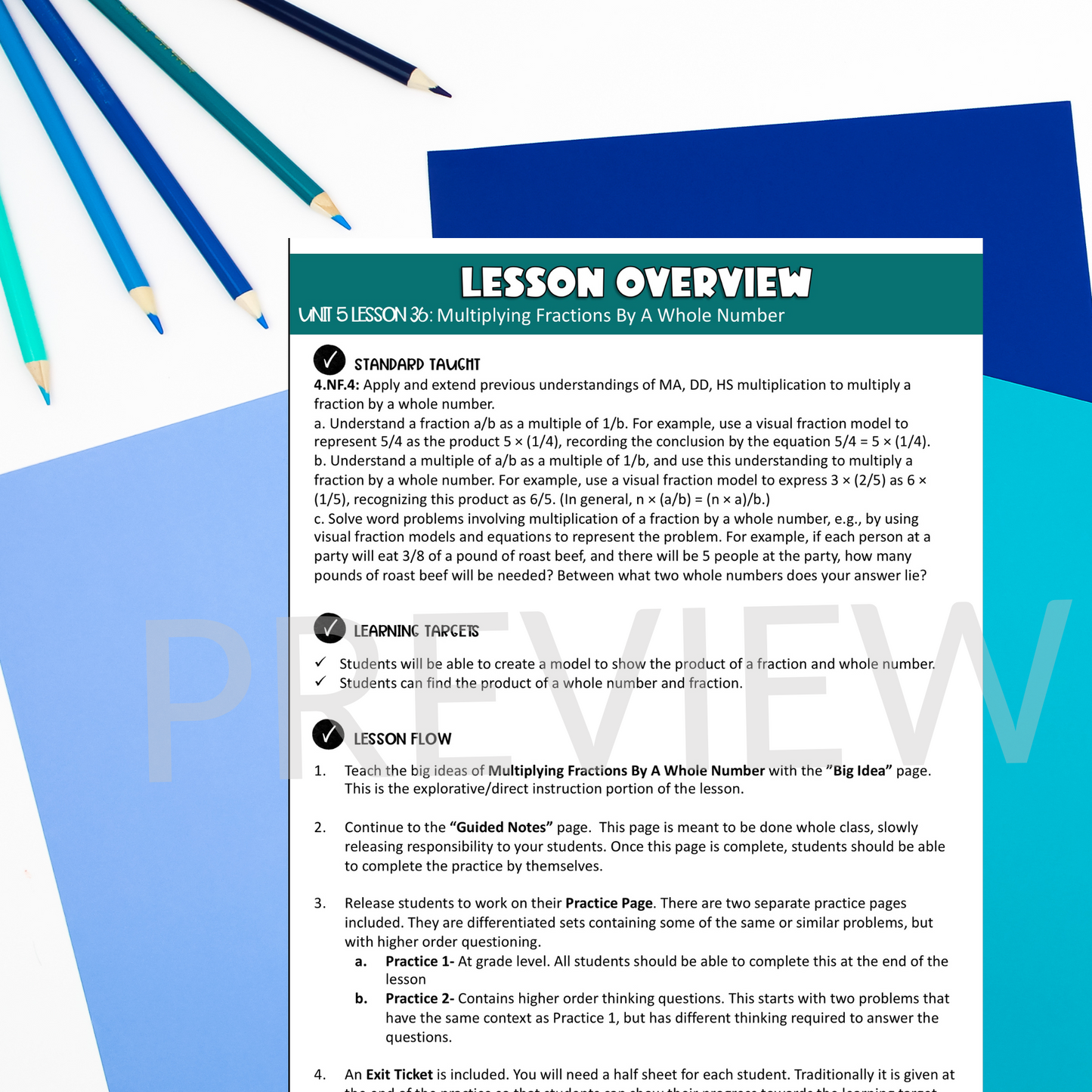 Multiplying Fractions and Whole Numbers Guided Notes Lesson CCSS-Aligned