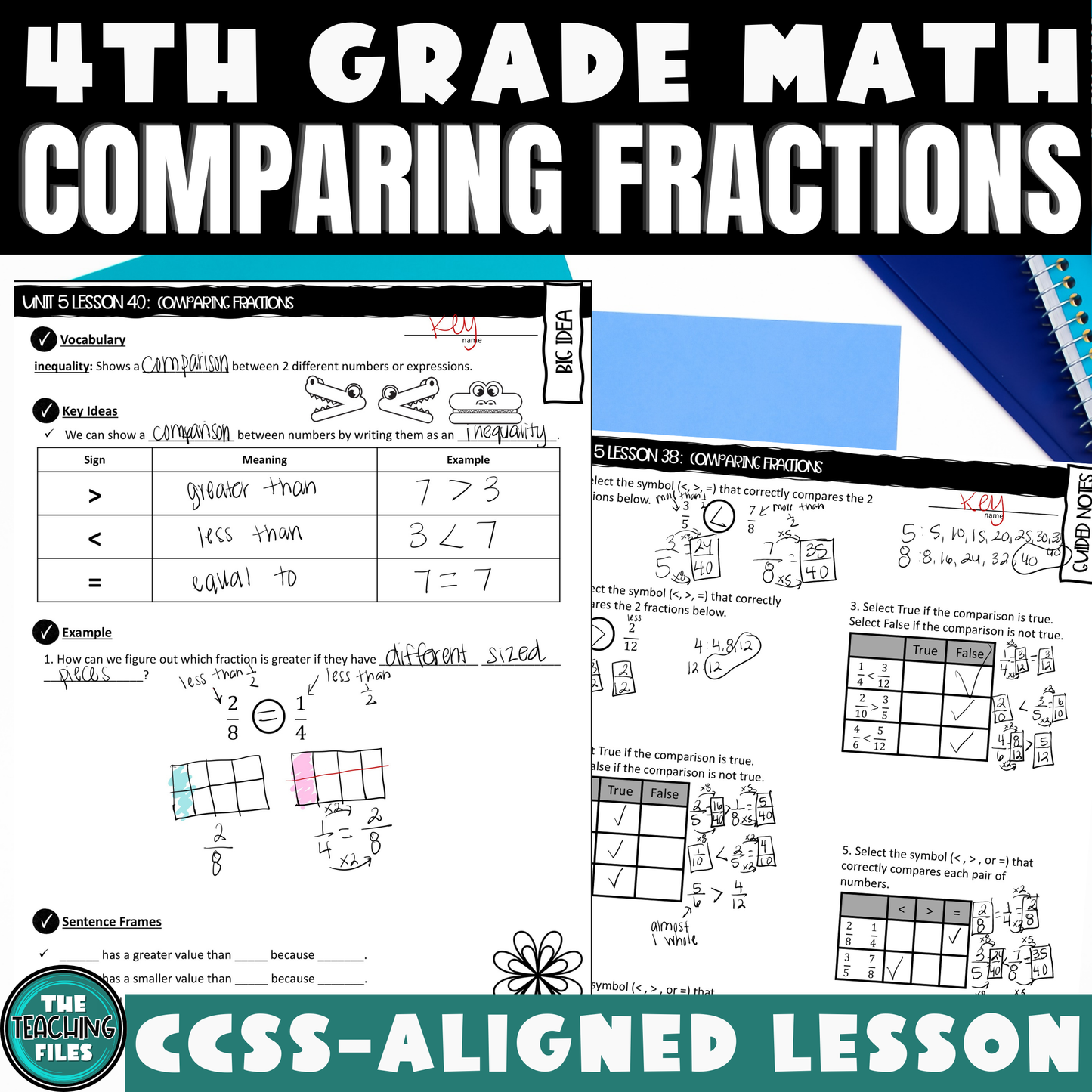 Comparing Fractions Guided Notes Lesson 4th Grade Math CCSS-Aligned