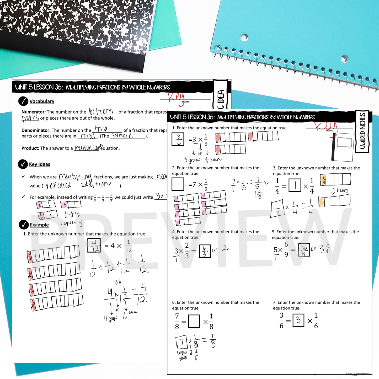 Multiplying Fractions and Whole Numbers Guided Notes Lesson CCSS-Aligned