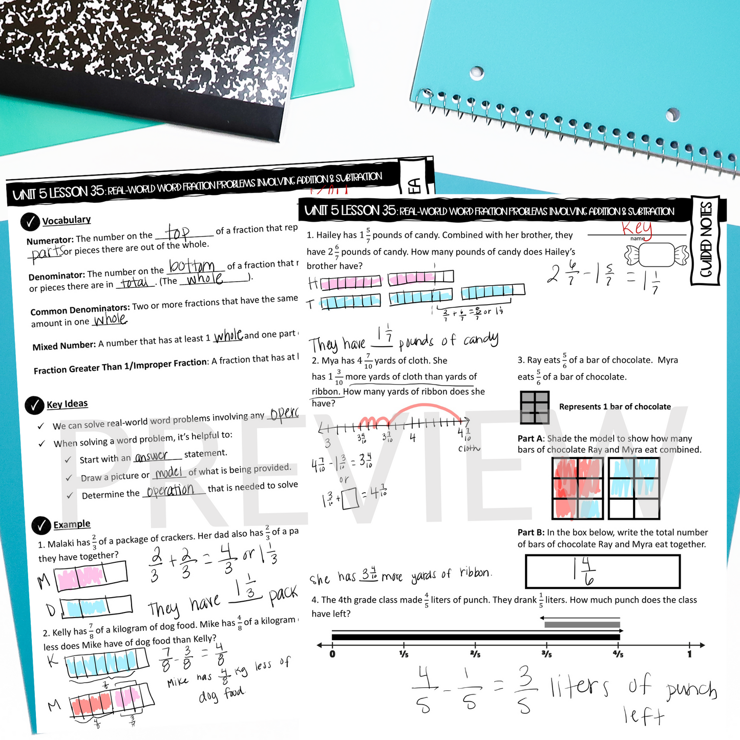 Adding and Subtracting Fractions Word Problems Math Guided Notes Lesson 4th Grade Math CCSS-Aligned