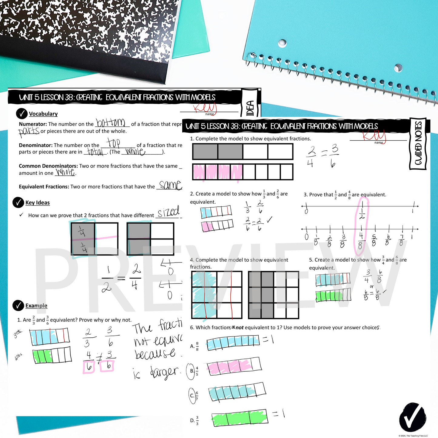 Equivalent Fractions with Models Guided Notes Lesson 4th Grade Math CCSS-Aligned