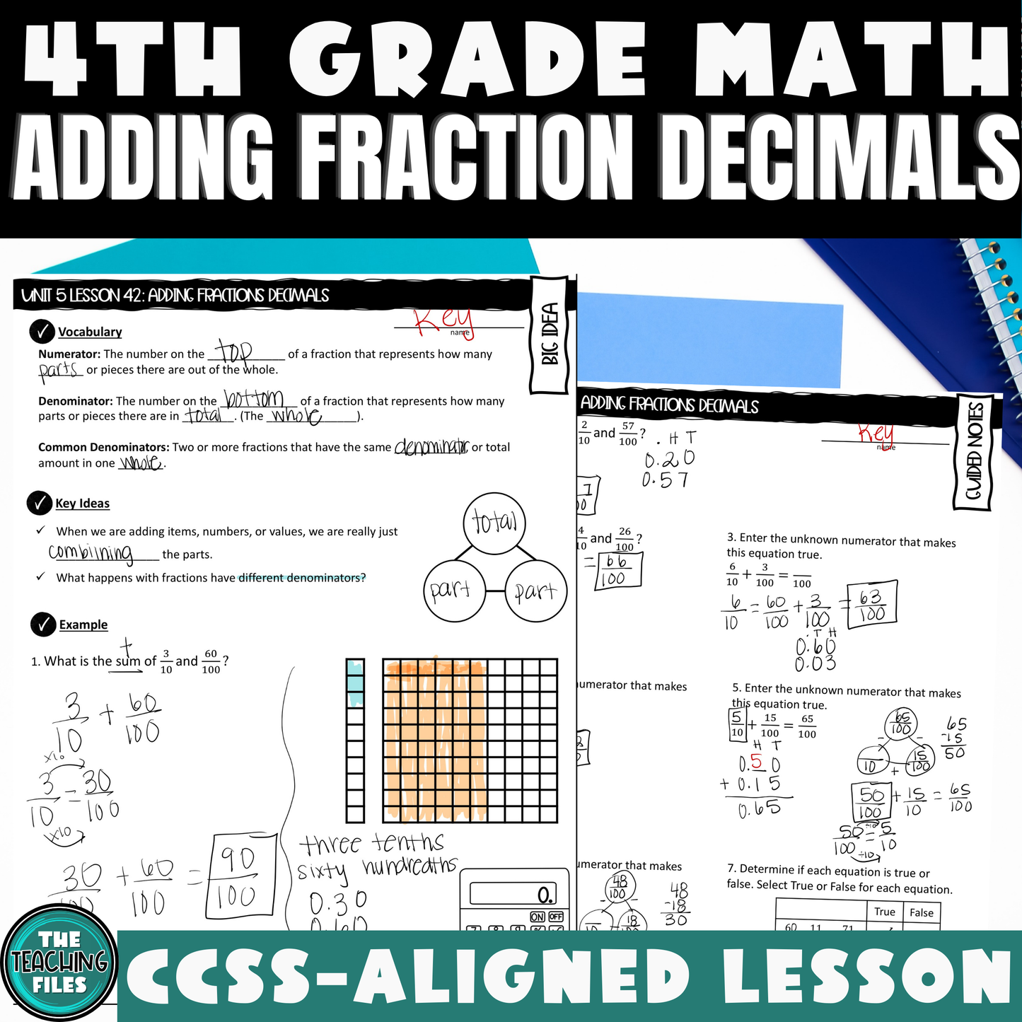 Adding Fraction Decimals Guided Notes Lesson 4th Grade Math CCSS-Aligned