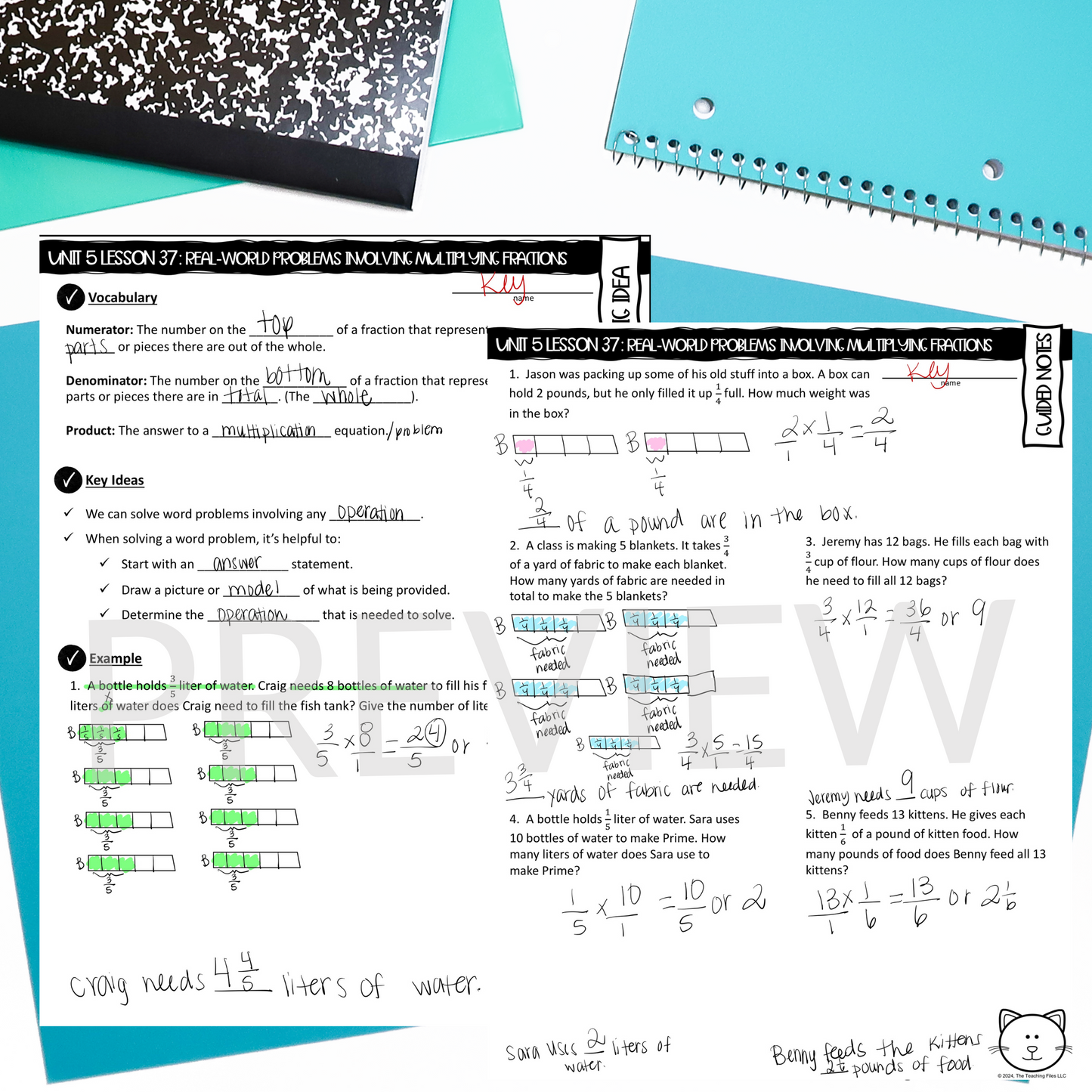 Multiplying Fractions Word Problems Guided Notes Lesson CCSS-Aligned