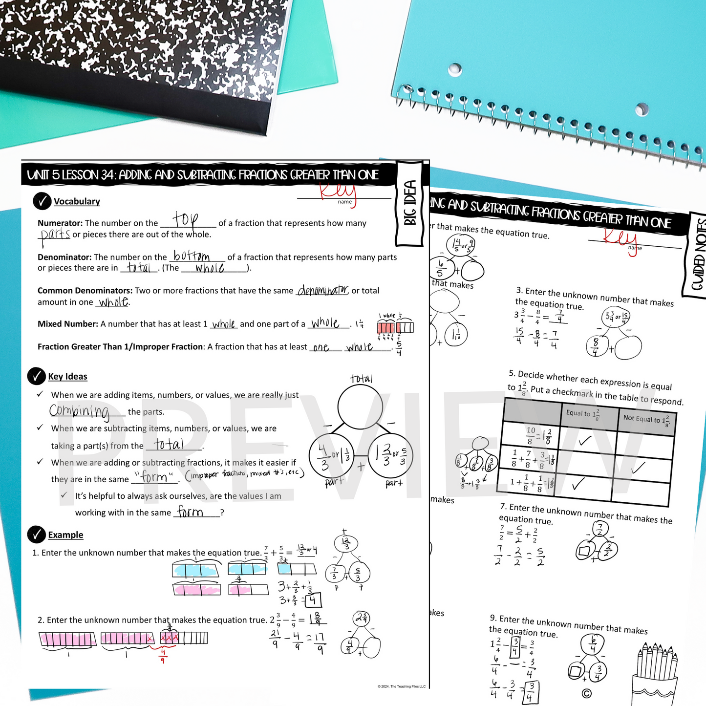 Adding and Subtracting Fractions Greater Than One Guided Notes Lesson Practice