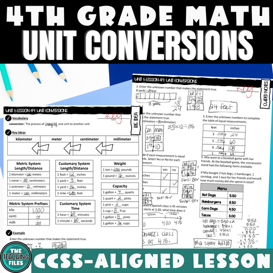 Unit Conversions Guided Notes Lesson 4th Grade Math CCSS-Aligned