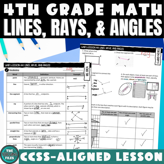 Lines Rays and Angles Guided Notes Lesson 4th Grade Math CCSS-Aligned