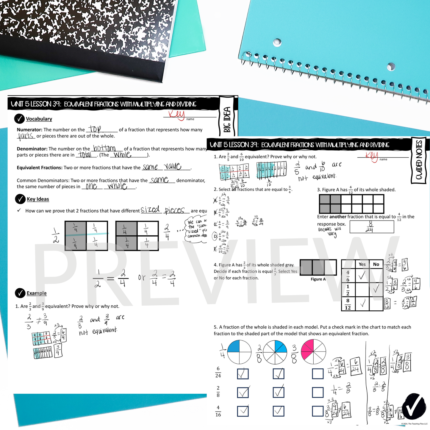 Equivalent Fractions Guided Notes Lesson 4th Grade Math CCSS-Aligned