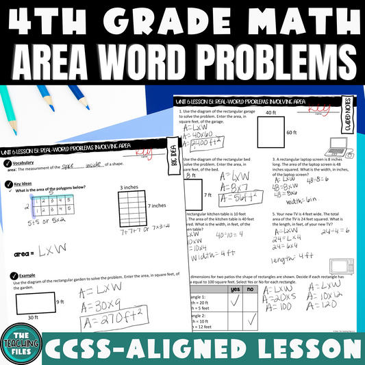 Area Word Problems Guided Notes Lesson 4th Grade Math CCSS-Aligned