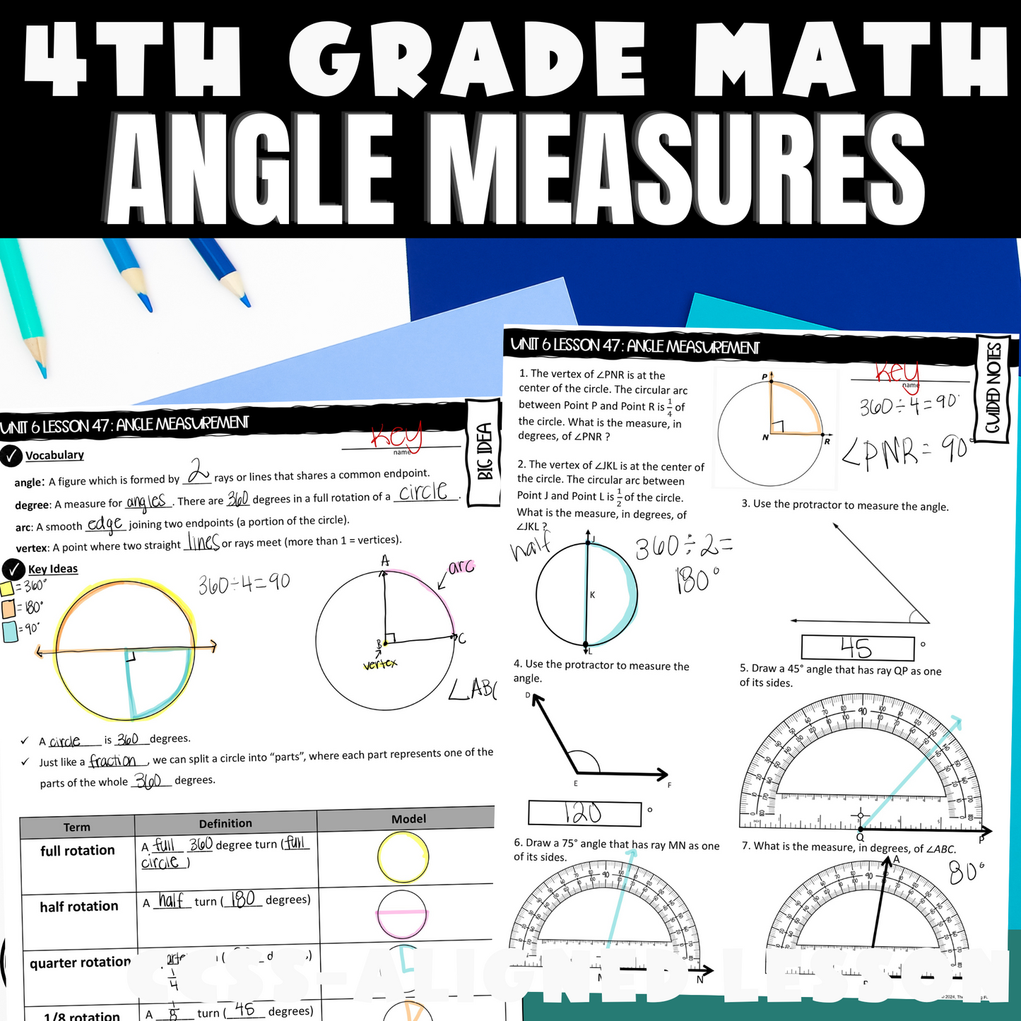 Measuring Angles Guided Notes Lesson 4th Grade Math CCSS-Aligned