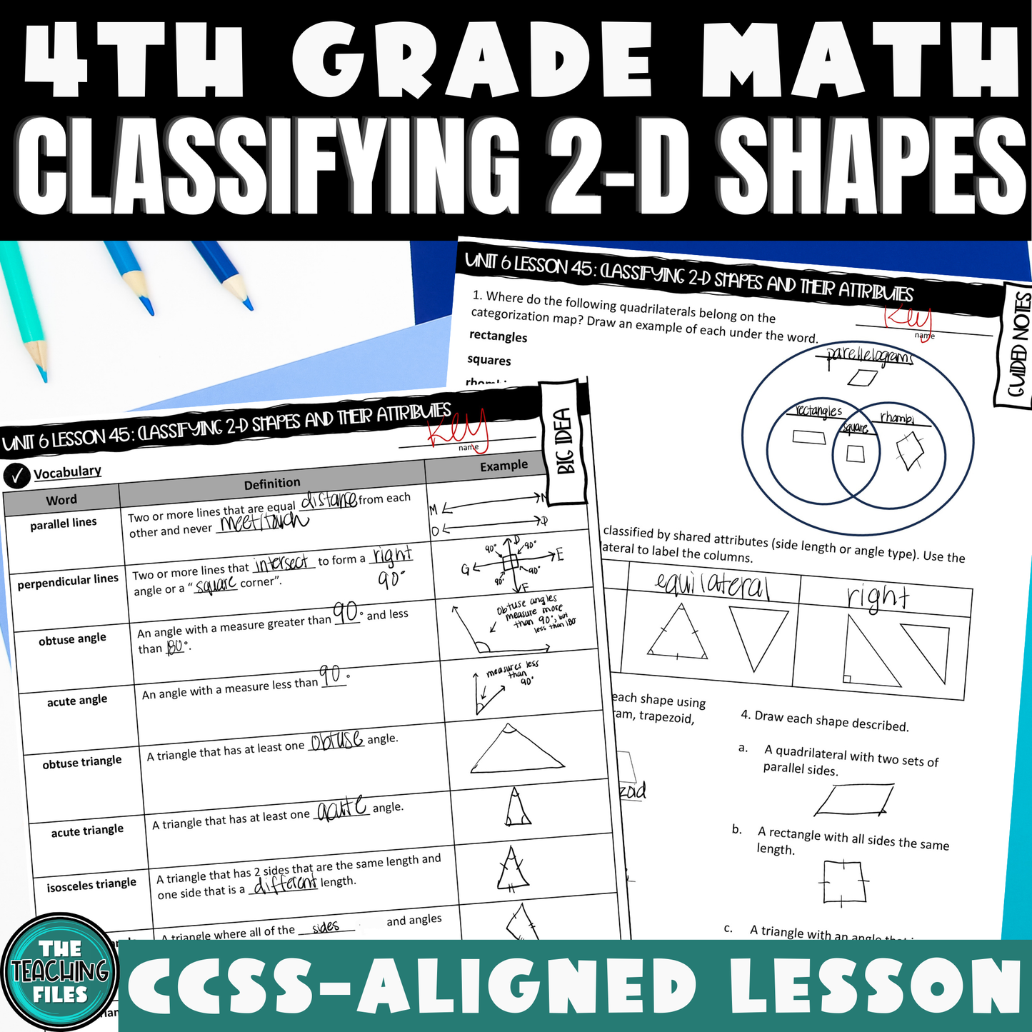 Classifying 2-D Shapes Guided Notes Lesson 4th Grade Math CCSS-Aligned