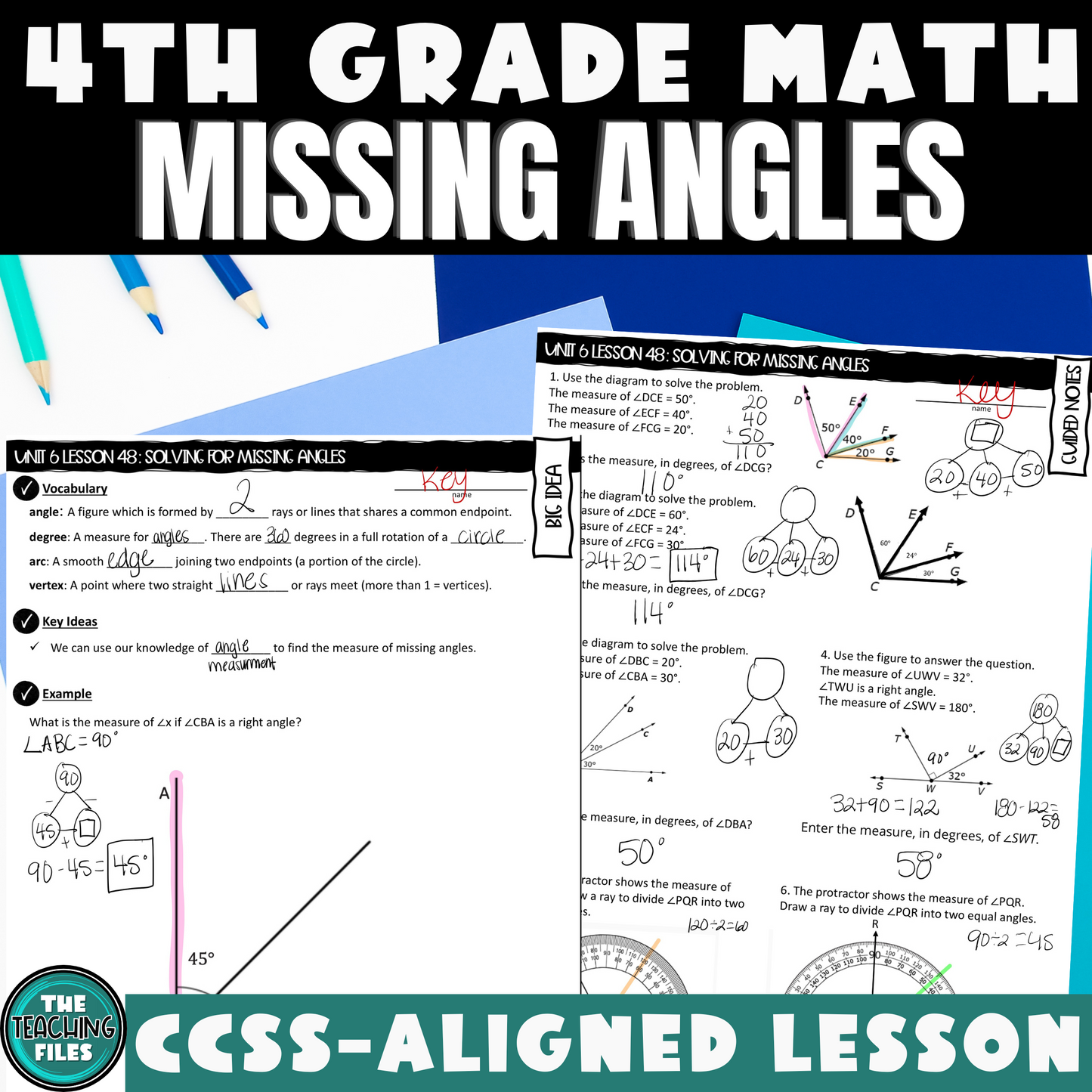 Missing Angles Guided Notes Lesson 4th Grade Math CCSS-Aligned