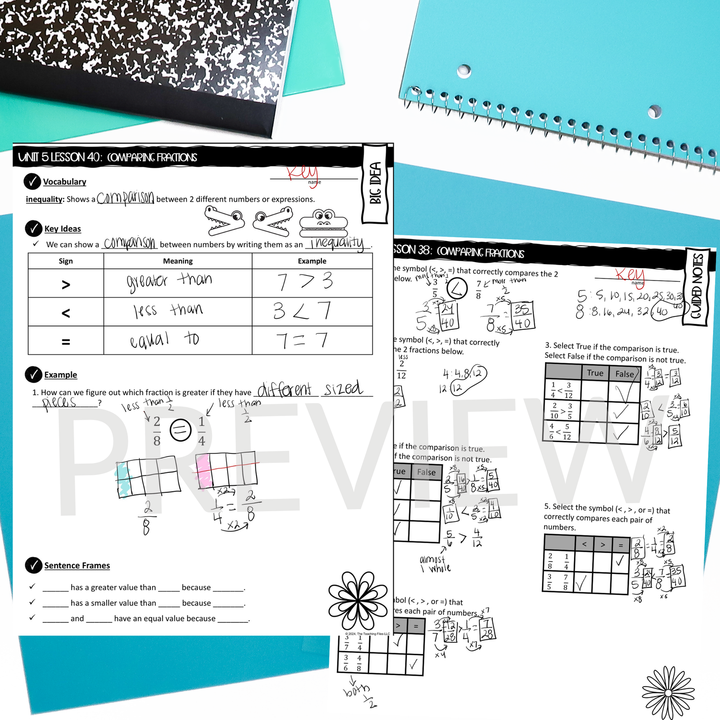 Comparing Fractions Guided Notes Lesson 4th Grade Math CCSS-Aligned