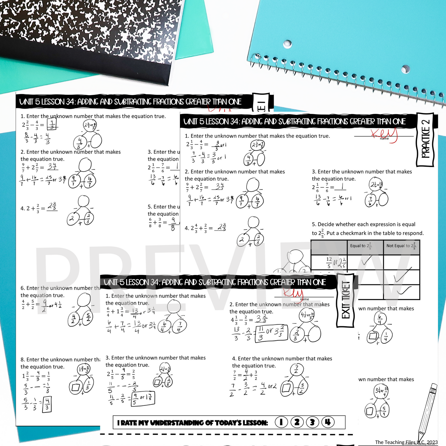 Adding and Subtracting Fractions Greater Than One Guided Notes Lesson Practice